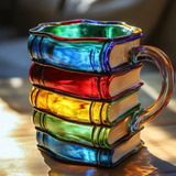 Taza artesanal de colores con temática de libros